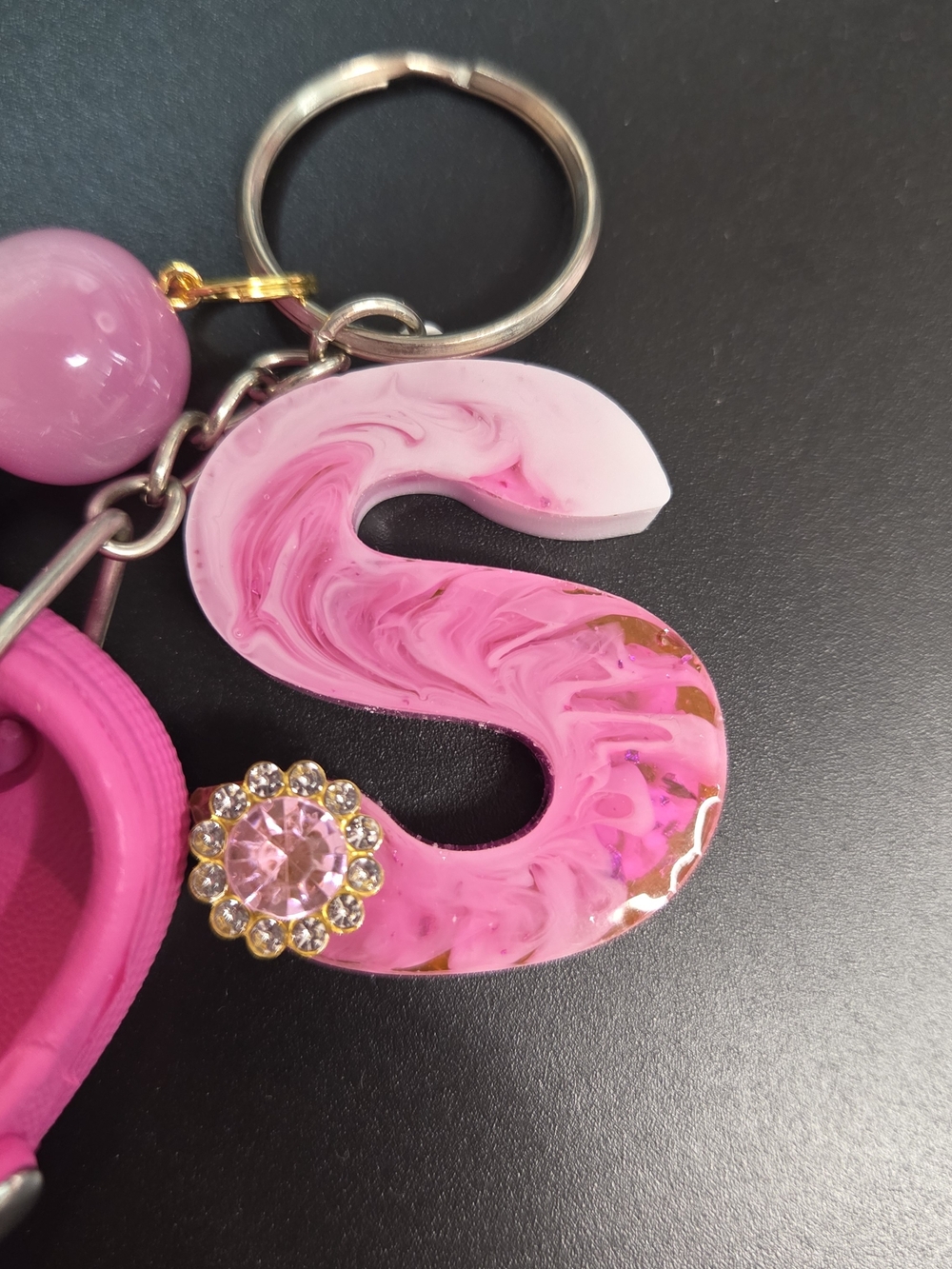 Pink Mini Clog Keychain with Bead Charm and Resin 'S' Initial